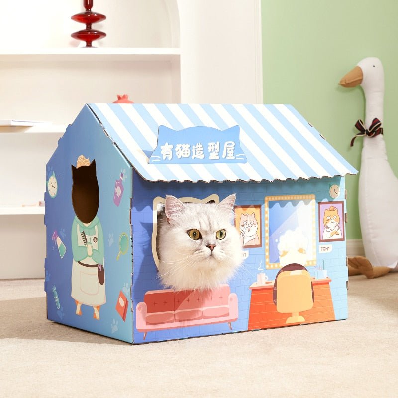 Dailypets Cardboard Cat House – Japanese Café Style Bed with Built-In Scratcher
