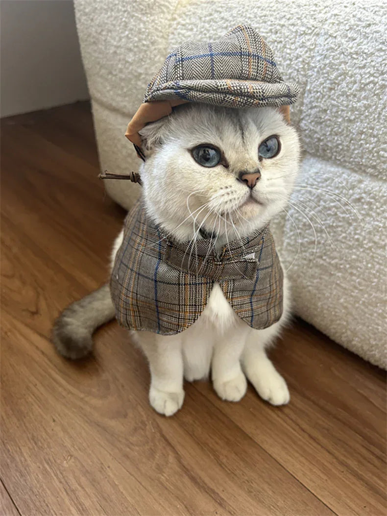Dailypets Vintage Detective Cat Outfit with Matching Hat and Vest