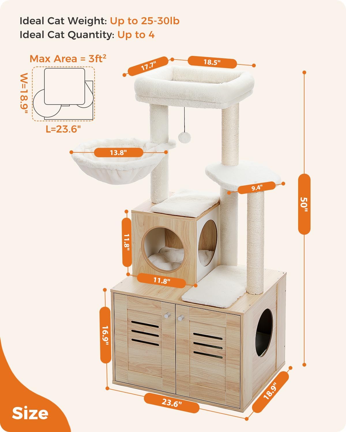 Dailypets Cat Tree with Litter Box Cabinet – Plush Perch, Sisal Posts & Hideaway Condo