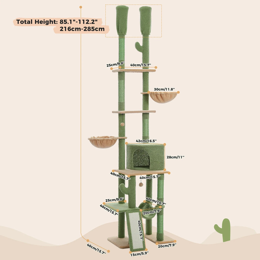 Dailypets Tall Cactus Cat Tree – 7-Level Floor-to-Ceiling Cat Tower with Dual Hammocks