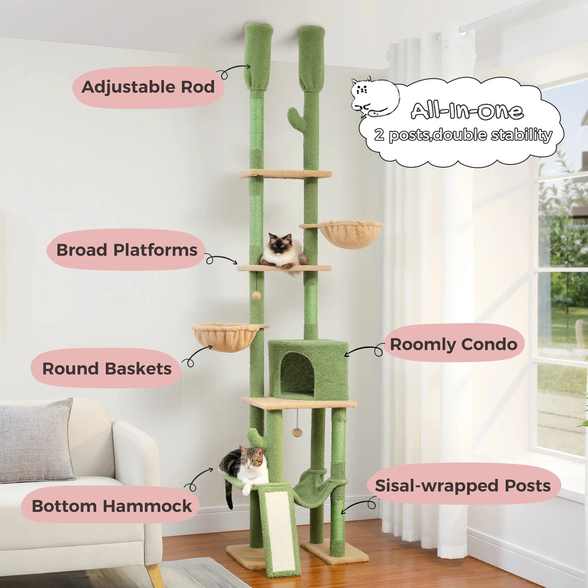 Dailypets Tall Cactus Cat Tree – 7-Level Floor-to-Ceiling Cat Tower with Dual Hammocks