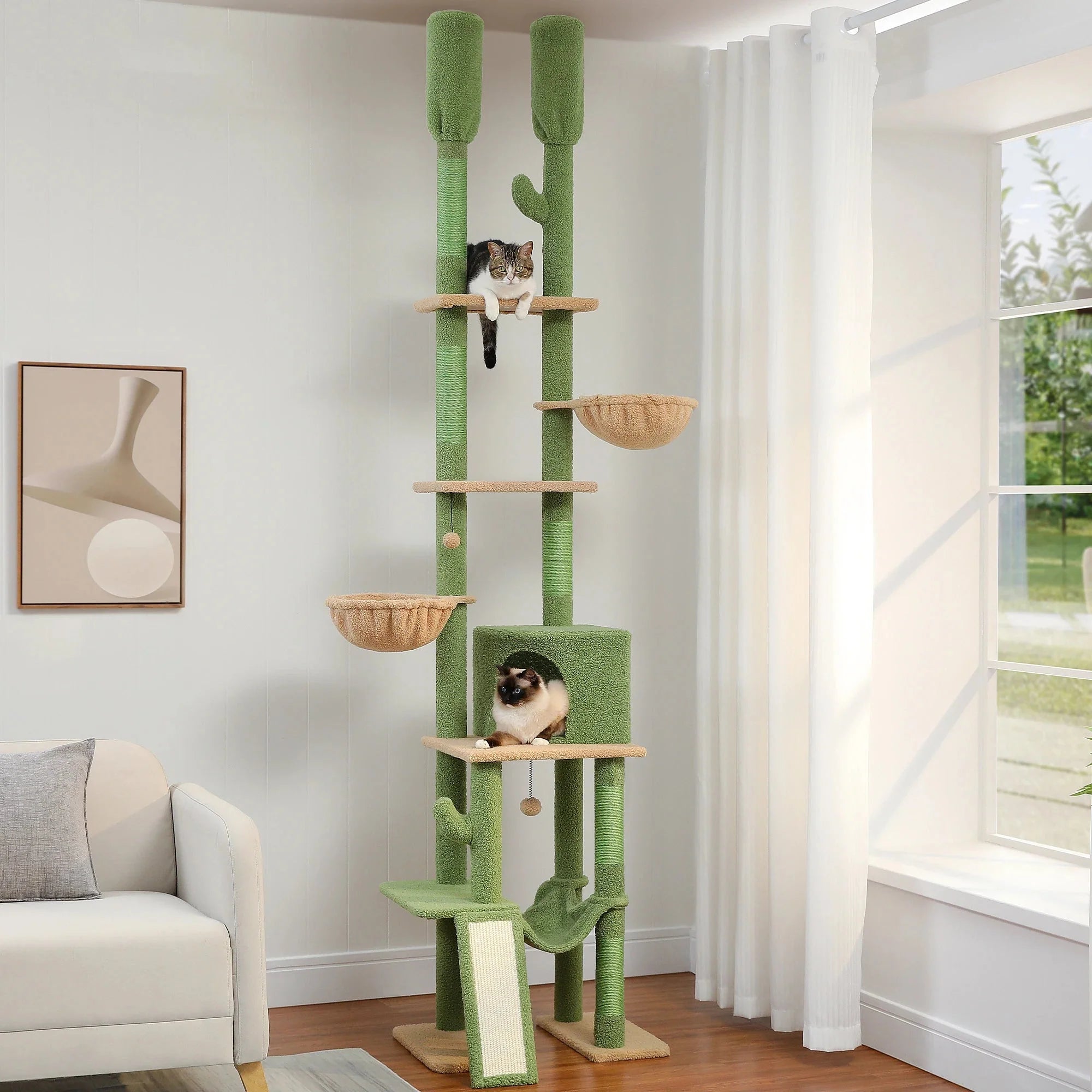 Dailypets Tall Cactus Cat Tree – 7-Level Floor-to-Ceiling Cat Tower with Dual Hammocks