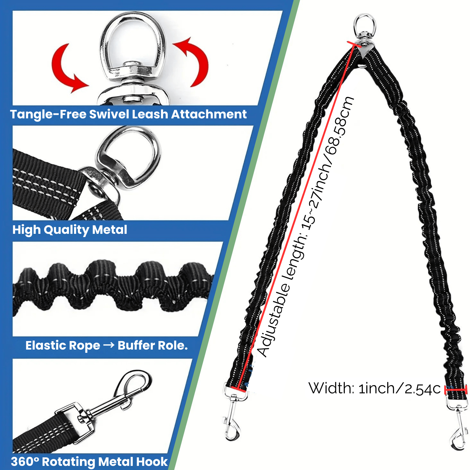 Dailypets Dual Pet Leash Attachment for Two Dogs with Reflective Stitching and Swivel