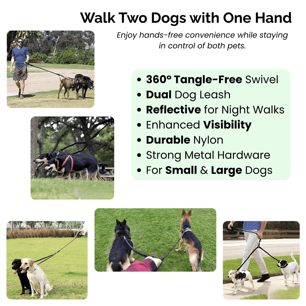 Dailypets Dual Pet Leash Attachment for Two Dogs with Reflective Stitching and Swivel