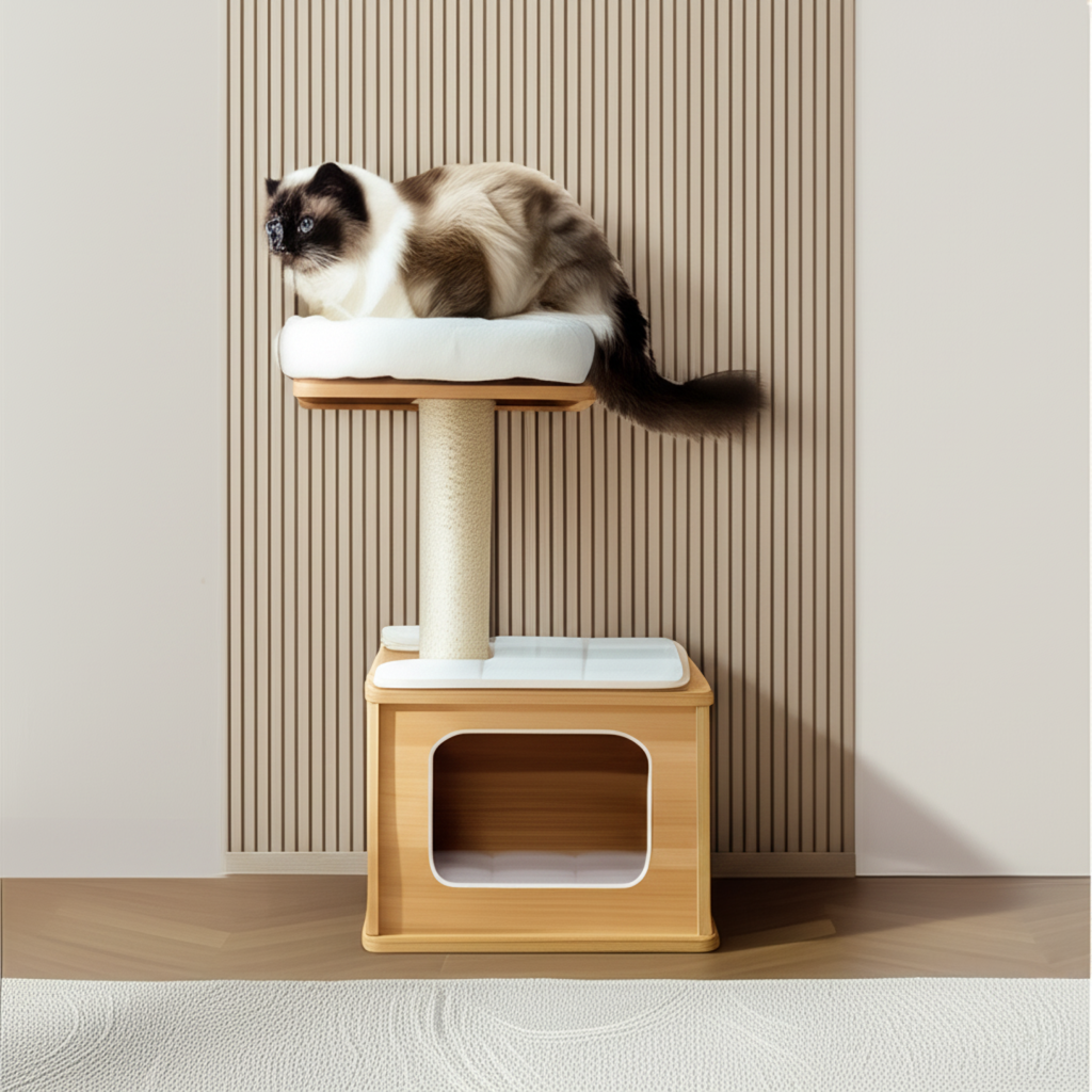 Dailypets Compact Cat Tower with Condo – Beige Cat Tree with Perches & Jute Scratching Post