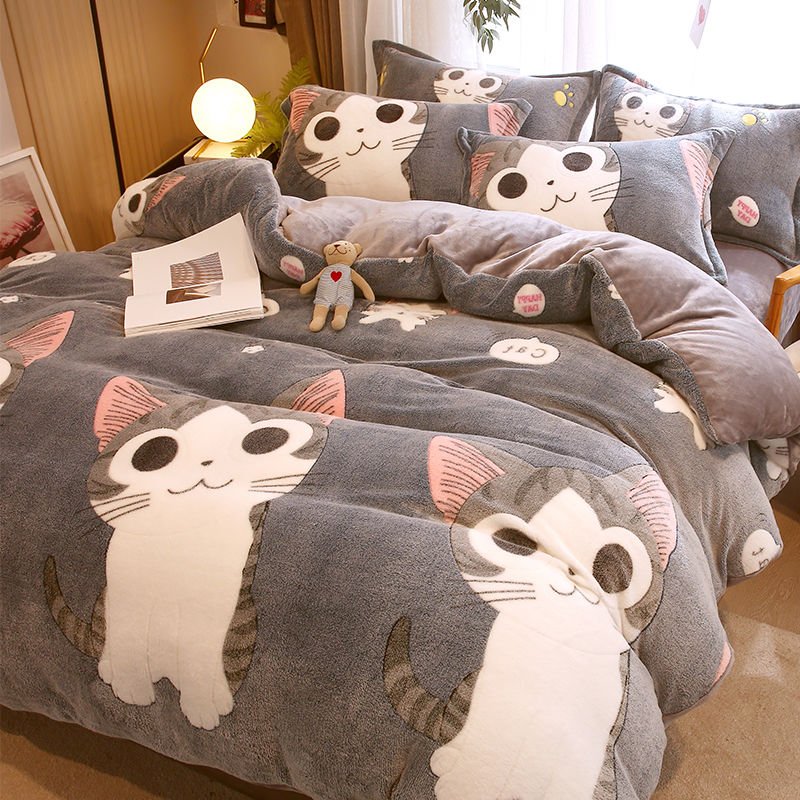 Dailypets Warm Cat Print Duvet Cover Set – Thick Plush Winter Bedding with Pillowcases