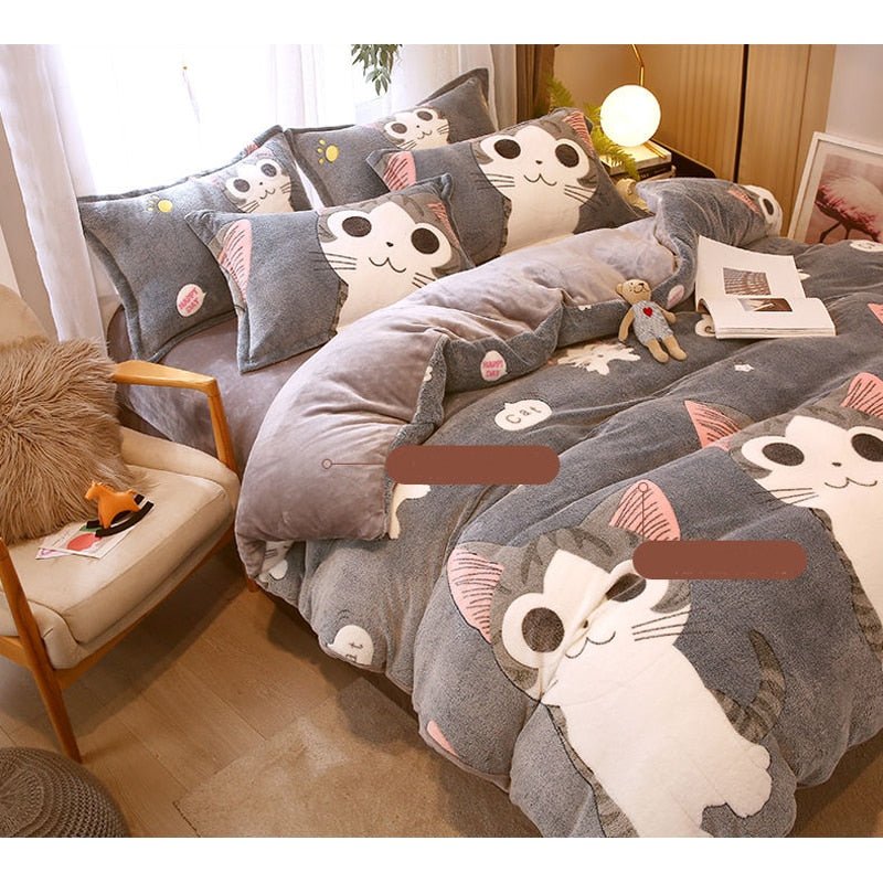 Dailypets Warm Cat Print Duvet Cover Set – Thick Plush Winter Bedding with Pillowcases