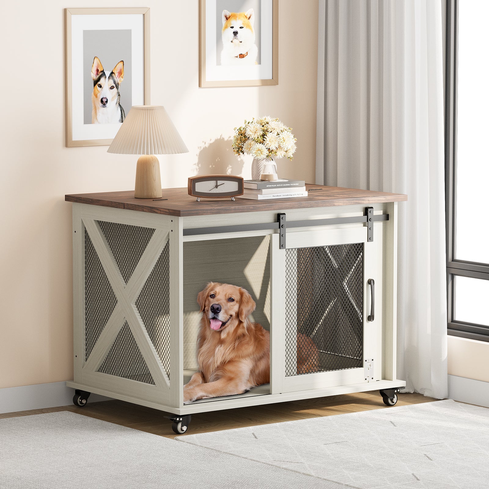 Dailypets 37-Inch Dog Crate Furniture with Sliding Barn Door and Flip-Top Access