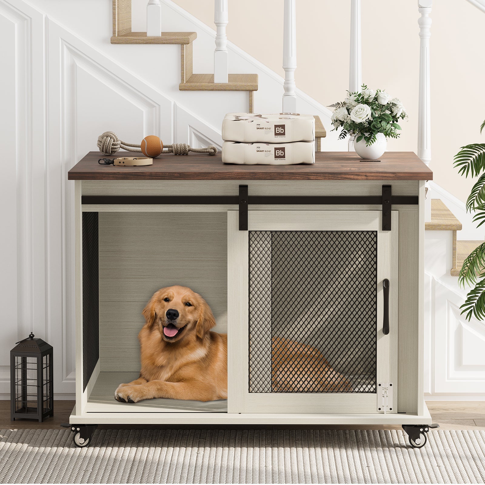 Dailypets 37-Inch Dog Crate Furniture with Sliding Barn Door and Flip-Top Access