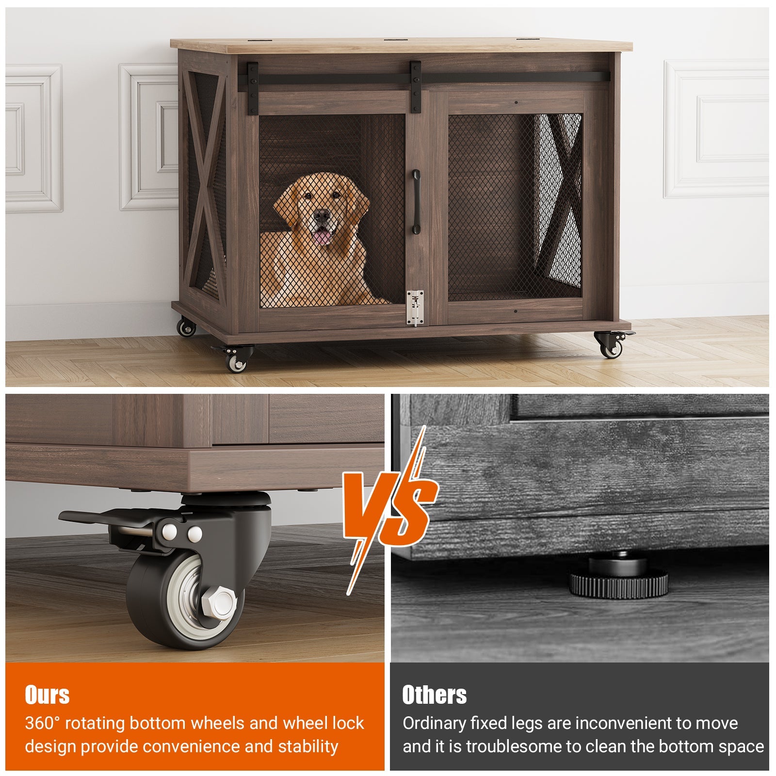 Dailypets Sliding Barn Door Dog Crate Furniture with Flip-Top Access