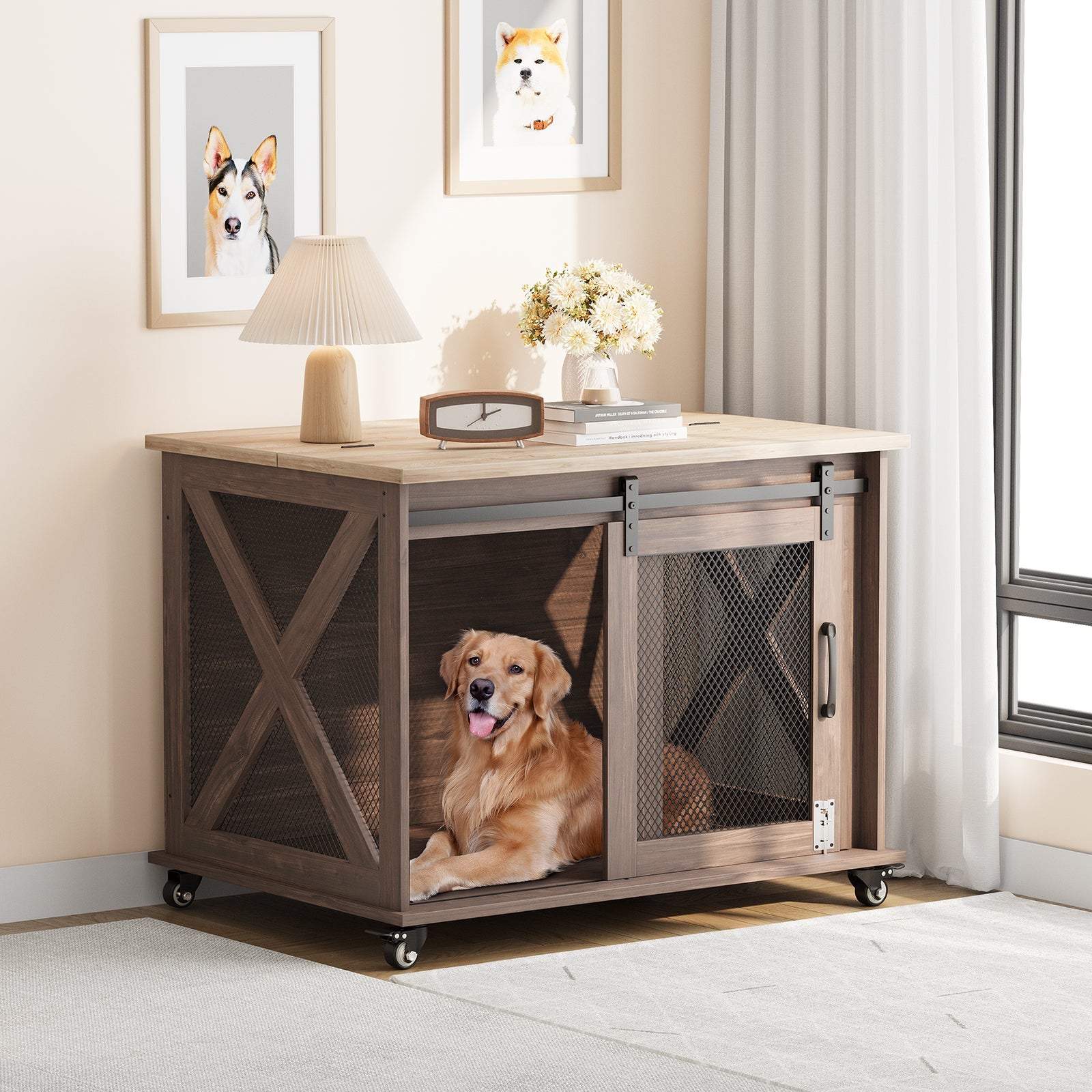 Dailypets Sliding Barn Door Dog Crate Furniture with Flip-Top Access