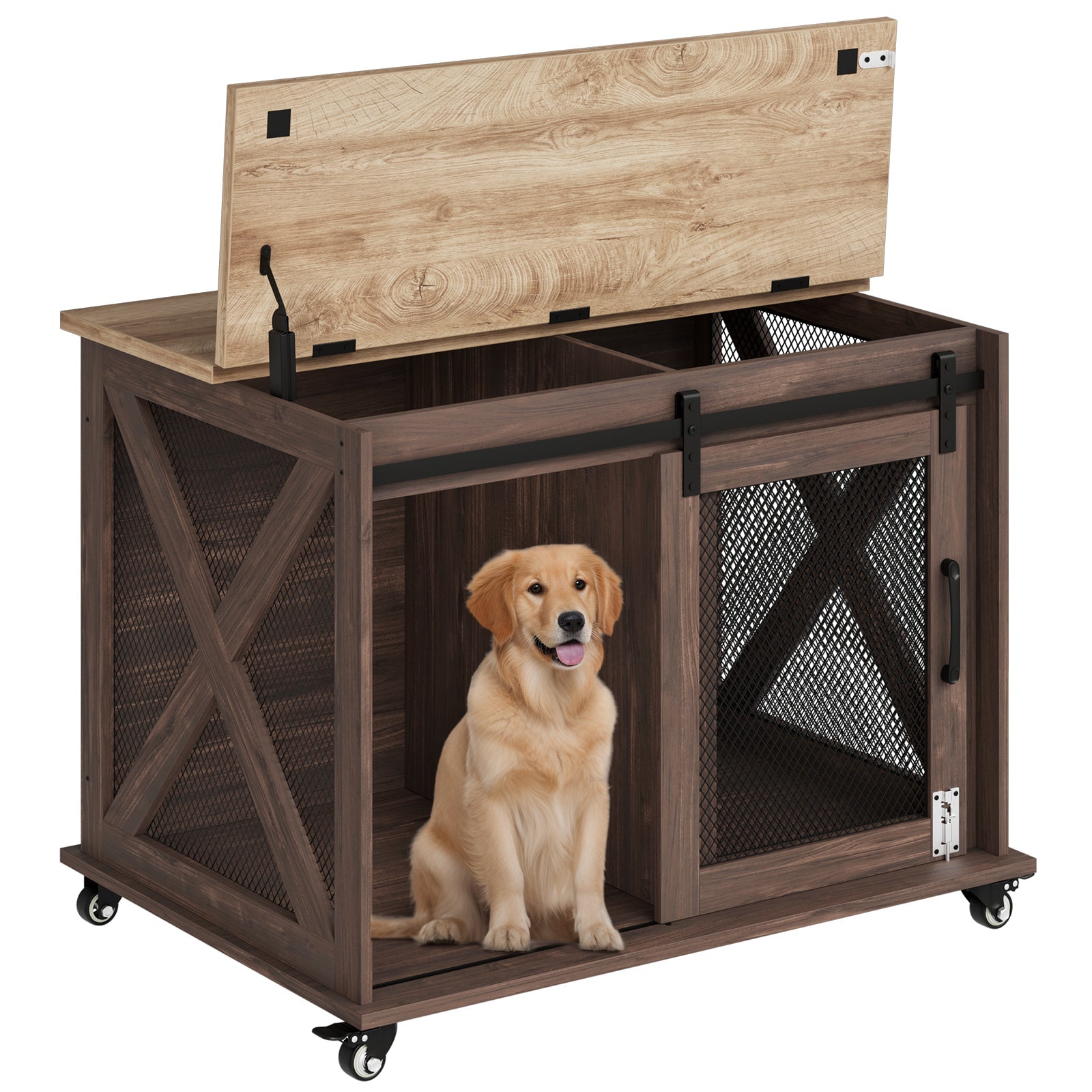 Dailypets Sliding Barn Door Dog Crate Furniture with Flip-Top Access