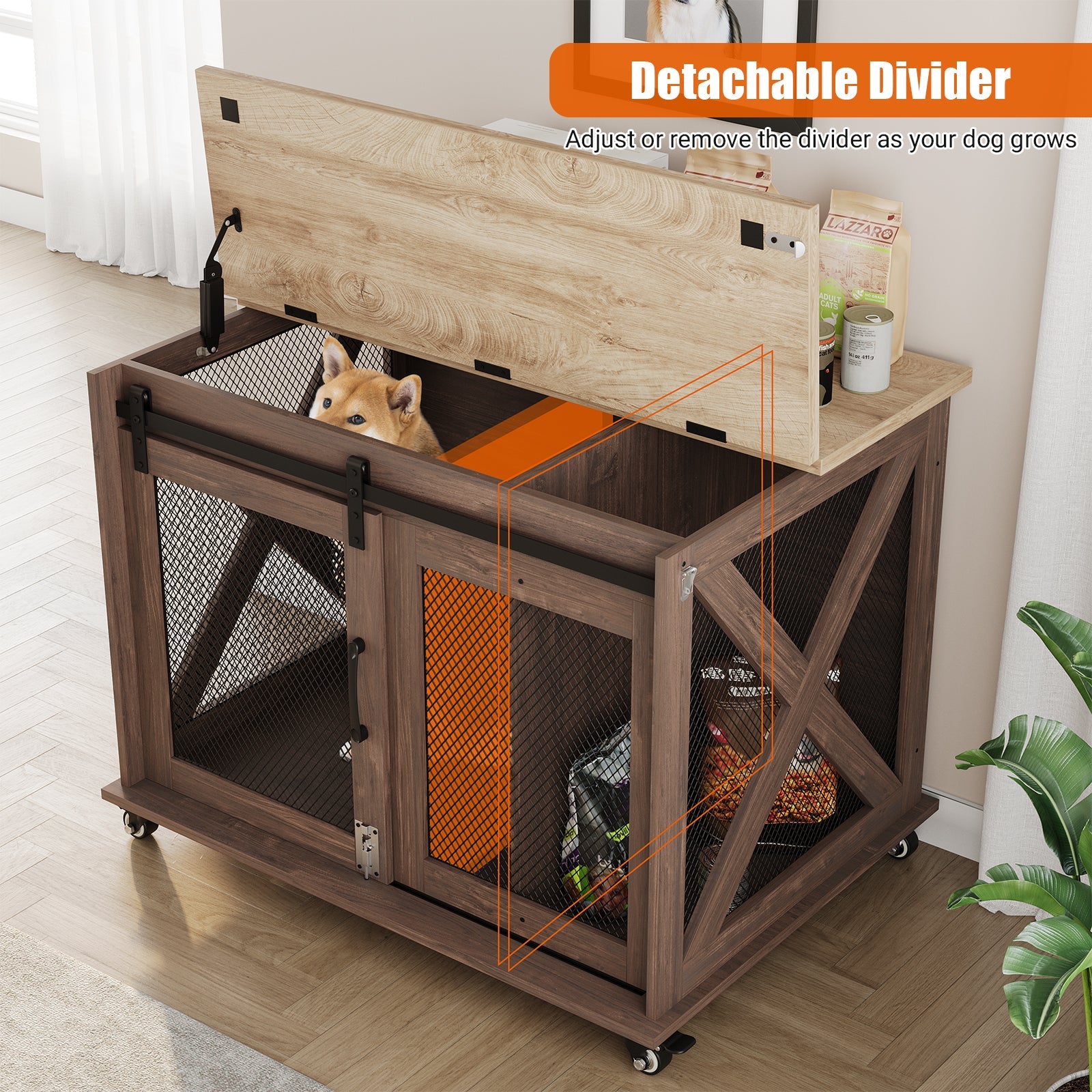 Dailypets Sliding Barn Door Dog Crate Furniture with Flip-Top Access