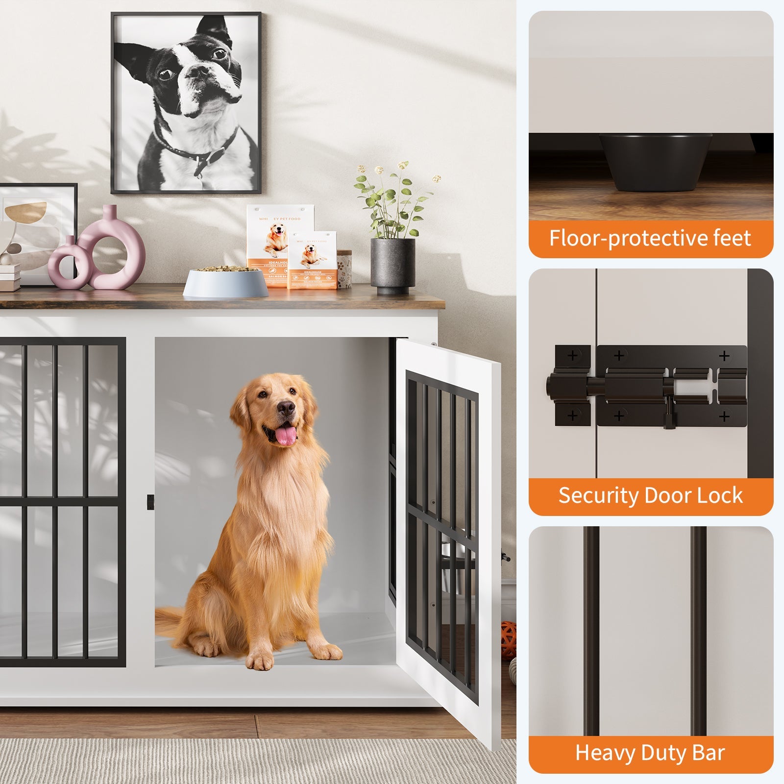 Dailypets Wooden Indoor Dog Kennel with Lift-Top Compartment and Feeding Station
