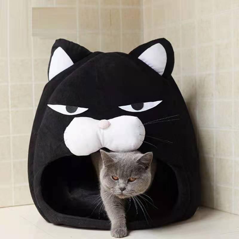 Dailypets Black Cat Plush Bed – Cute Enclosed Sleeping Nest