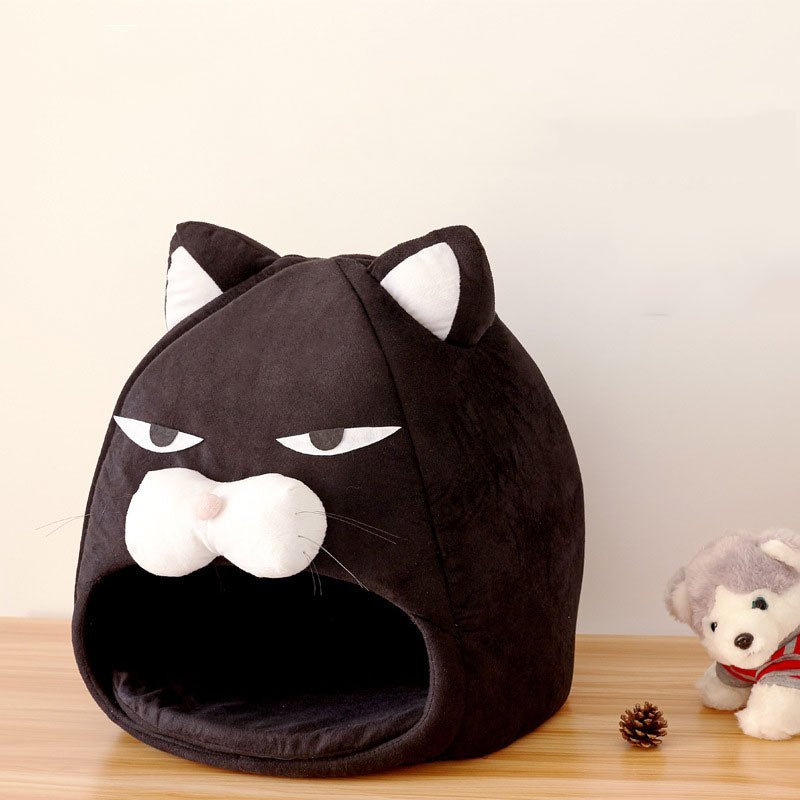 Dailypets Black Cat Plush Bed – Cute Enclosed Sleeping Nest