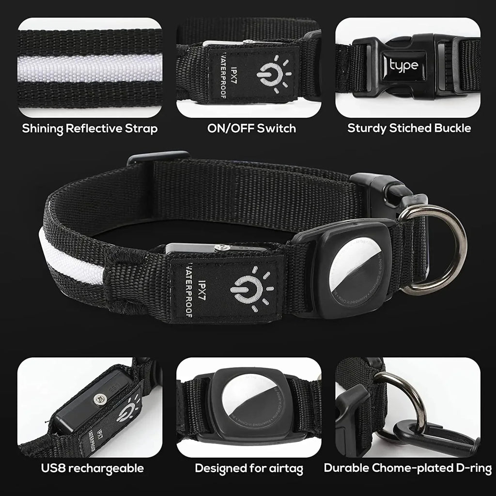 Dailypets LED GPS Dog Collar with AirTag Holder, USB Rechargeable and Waterproof Design