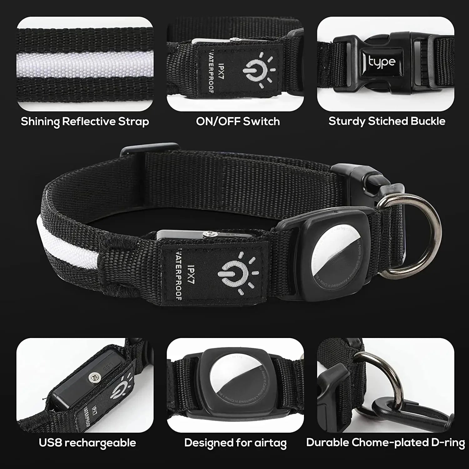 Dailypets LED GPS Dog Collar with AirTag Holder, USB Rechargeable and Waterproof Design