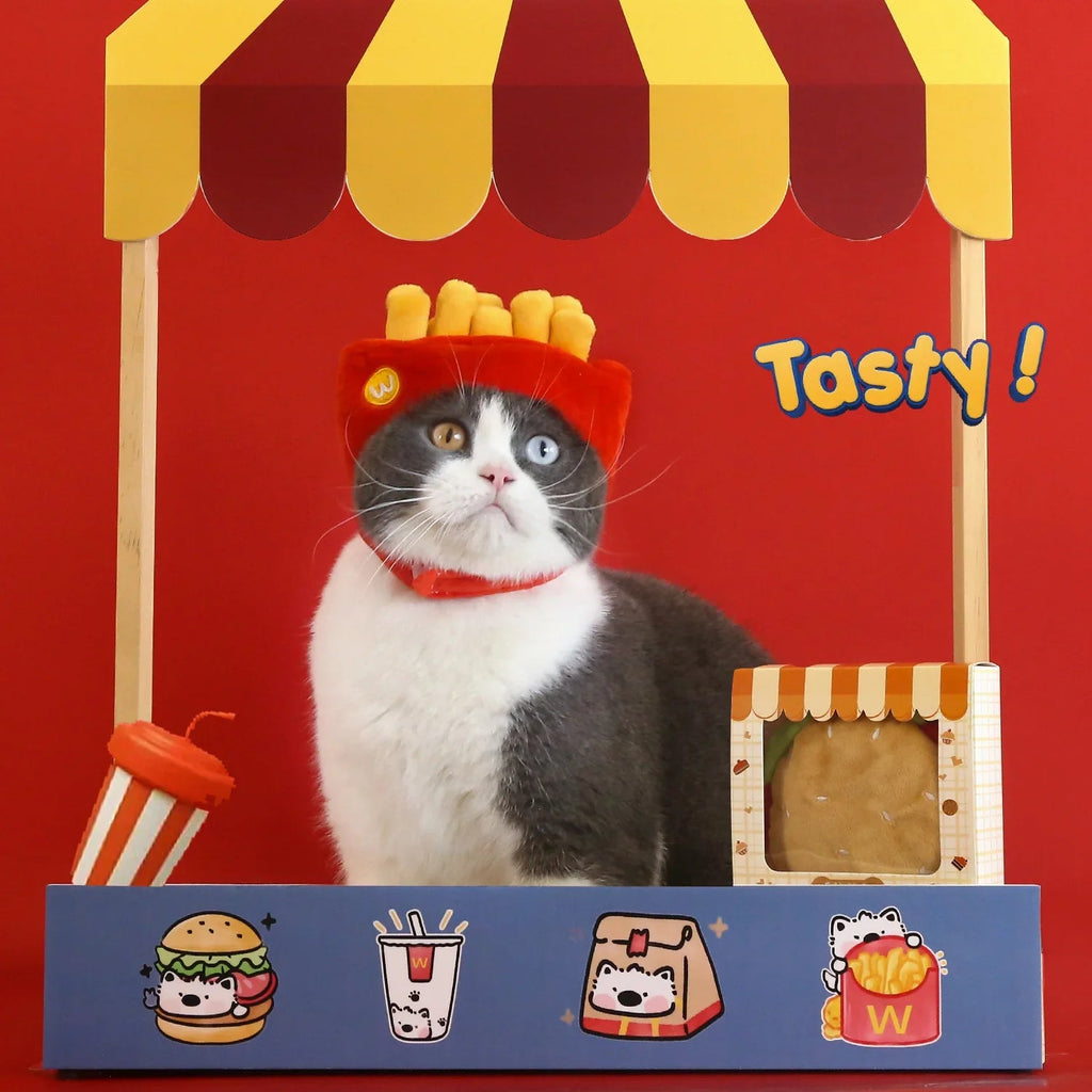 Dailypets Food Party Cat Hat and Scarf Set with Hamburger and Fries Designs