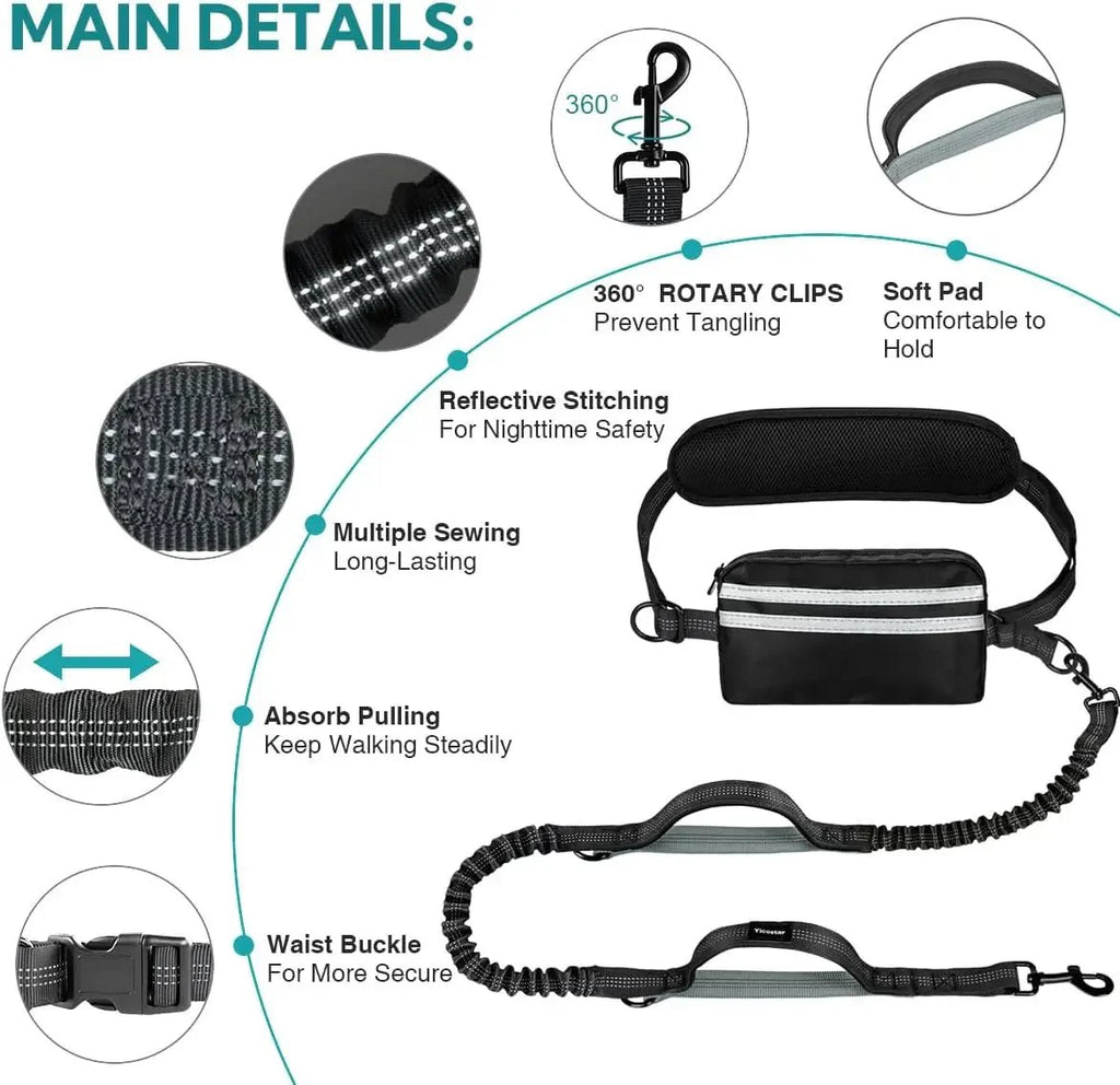 Dailypets Hands-Free Double Dog Leash with Adjustable Waist Belt and Storage Pouch