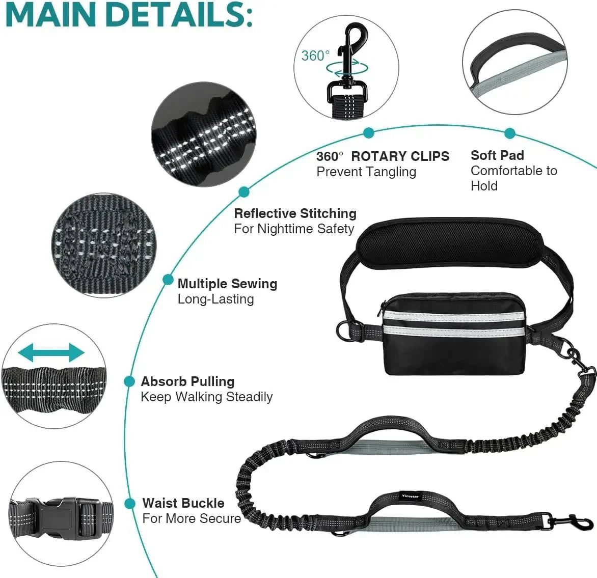 Dailypets Hands-Free Double Dog Leash with Adjustable Waist Belt and Storage Pouch