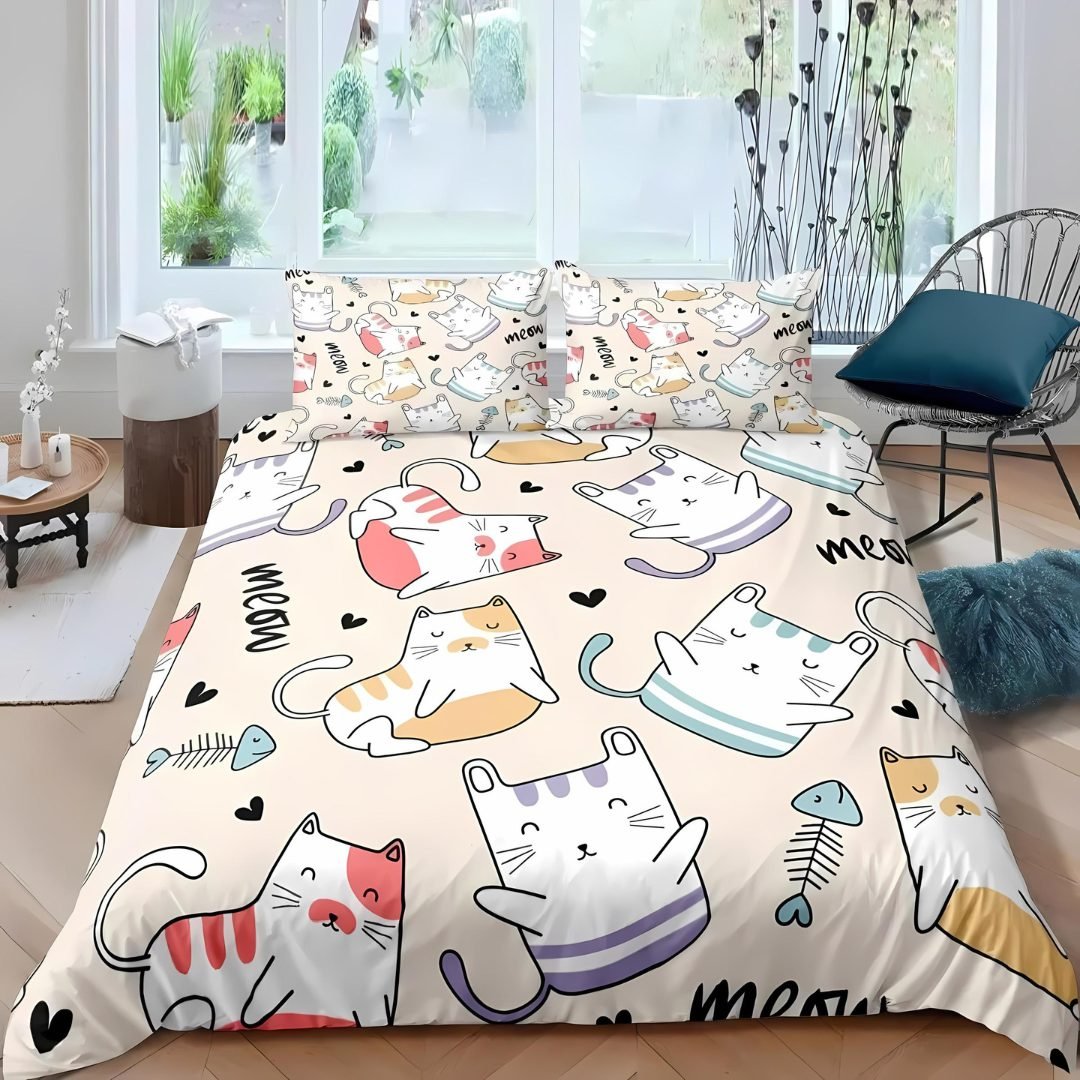 Dailypets Meow Cartoon Bedding Set – Colorful Cat Print Duvet Cover with Pillow Shams