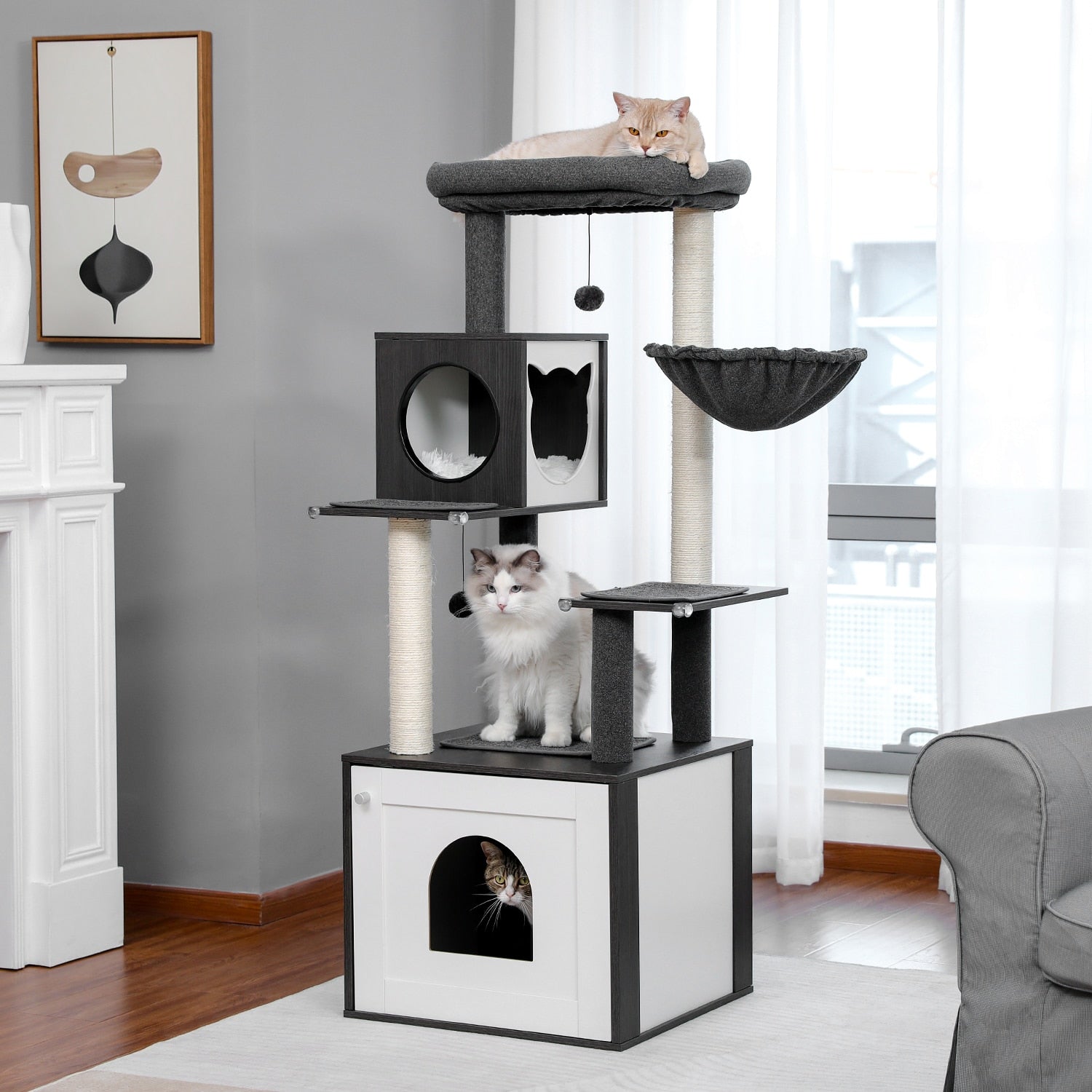 Dailypets Premium Modern Cat Tree – Dual Condo Cat Tower with Hanging Toy Balls