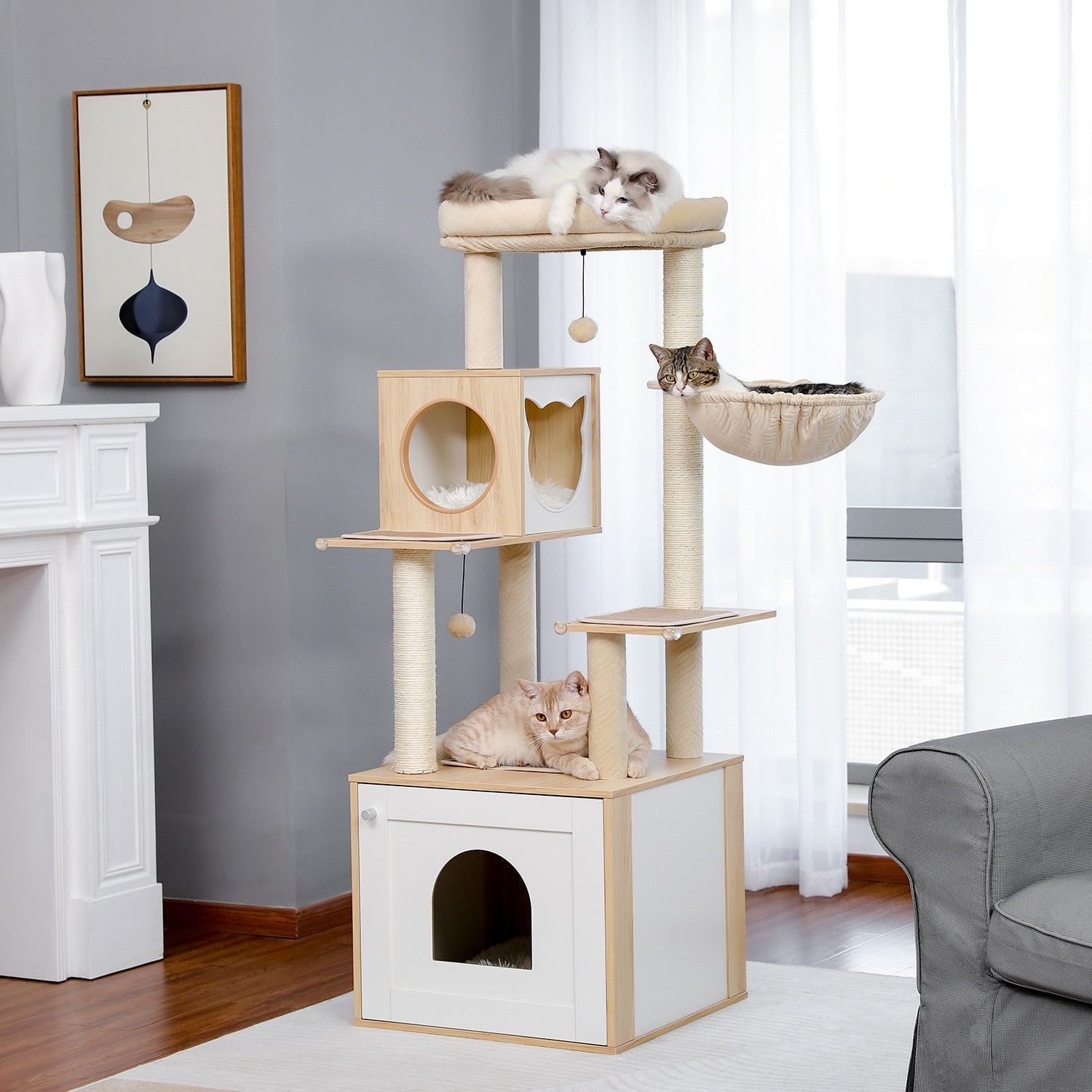 Dailypets Premium Modern Cat Tree – Dual Condo Cat Tower with Hanging Toy Balls