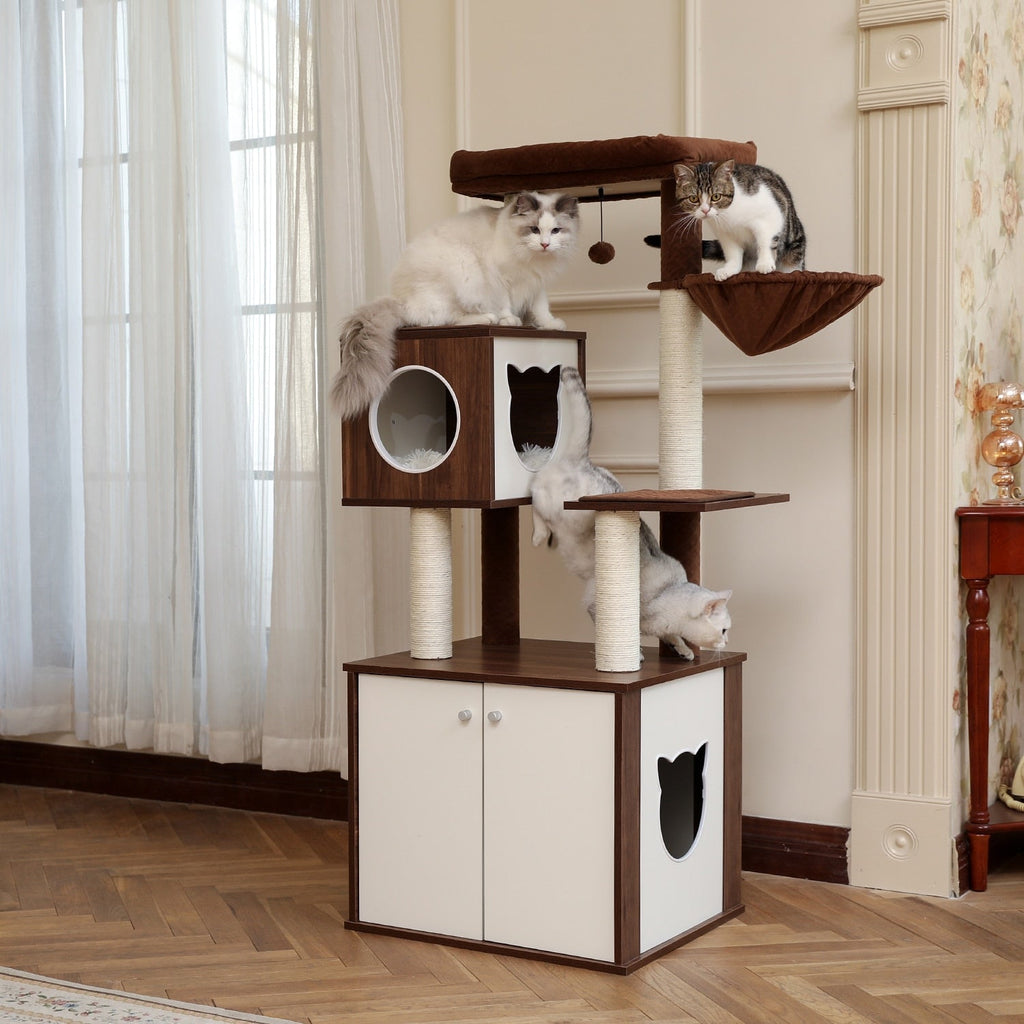 Dailypets Premium Modern Cat Tree – Dual Condo Cat Tower with Hanging Toy Balls