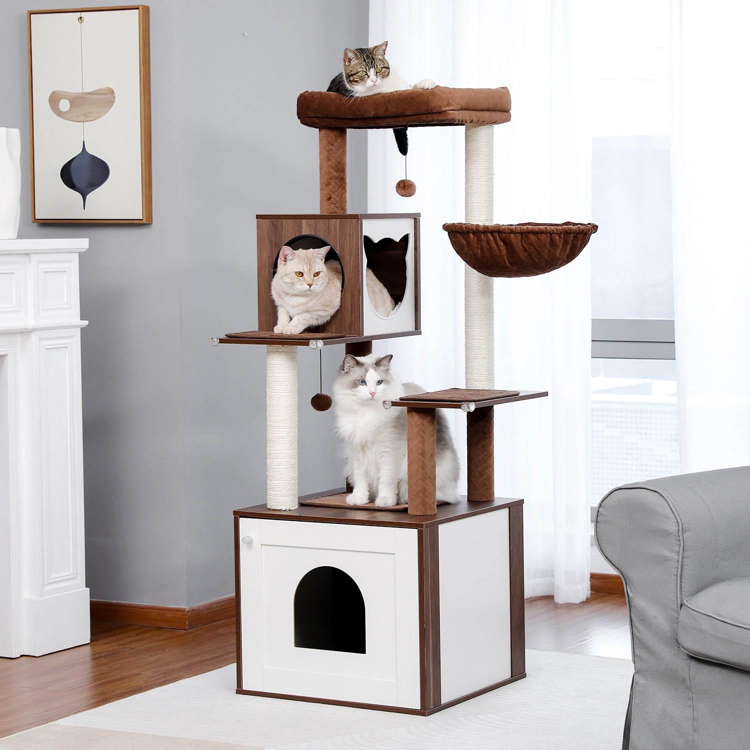 Dailypets Modern Cat Tree with Hidden Litter Box Enclosure – Multi-Level Cat Tower for Indoor Cats