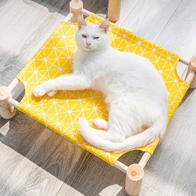 Dailypets Modern Raised Cat Bed – Japanese Style Canvas Pet Cot with Solid Wood Stand