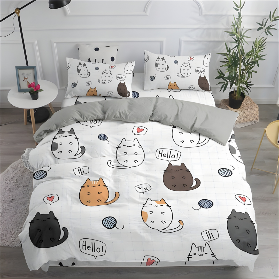 Dailypets Playful Cartoon Cat Bedding Set – Soft Polyester Duvet Cover & Pillowcases