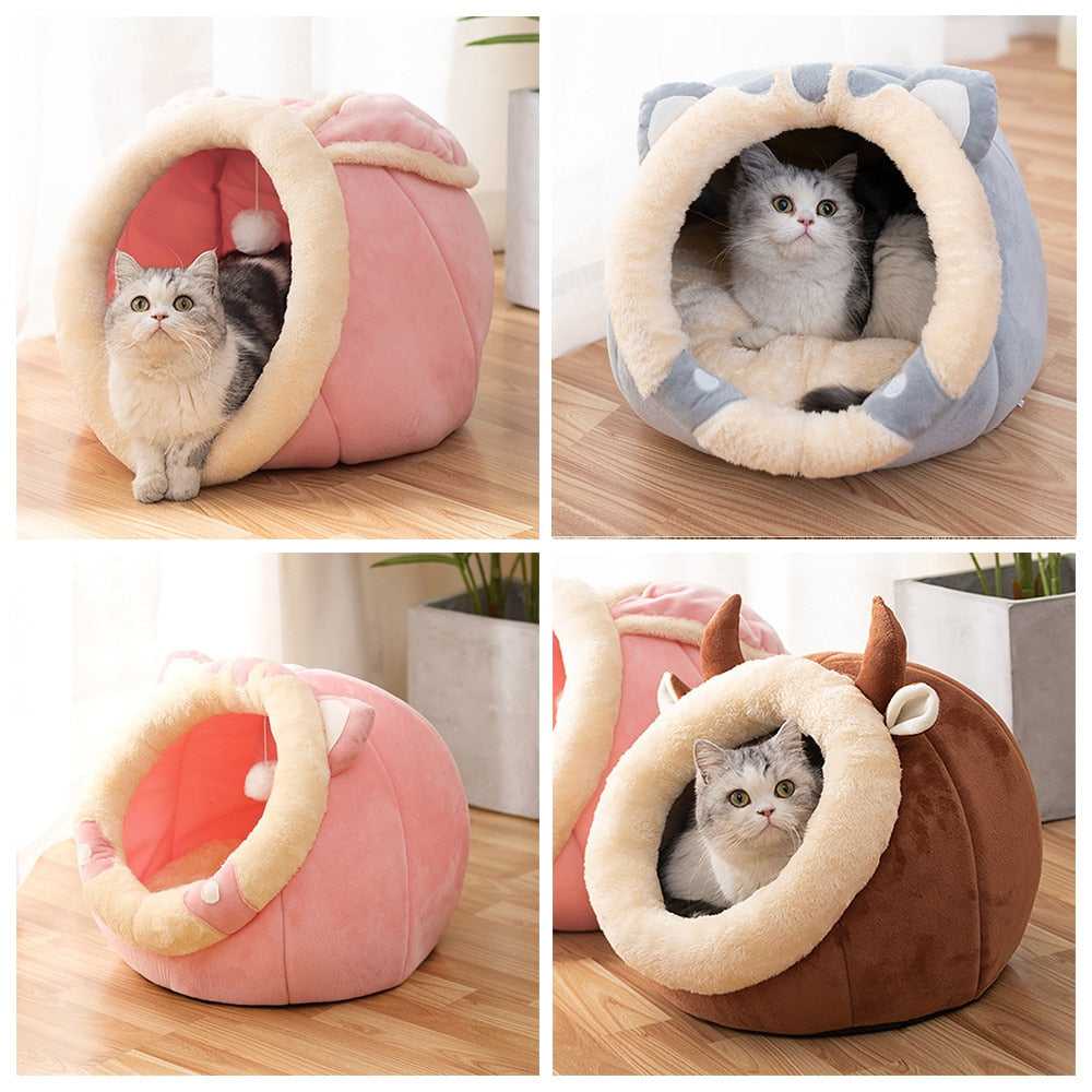 Dailypets Semi-Enclosed Plush Cat Bed with Animal Ear Design