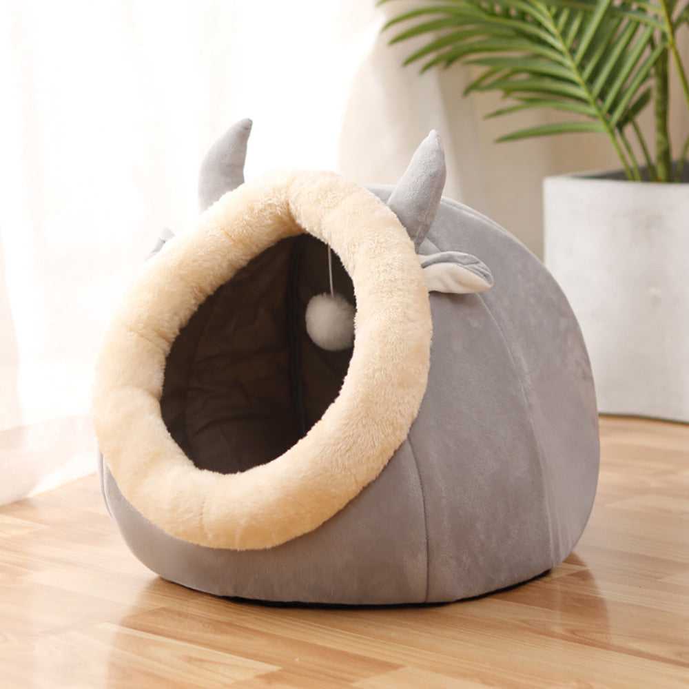 Dailypets Semi-Enclosed Plush Cat Bed with Animal Ear Design