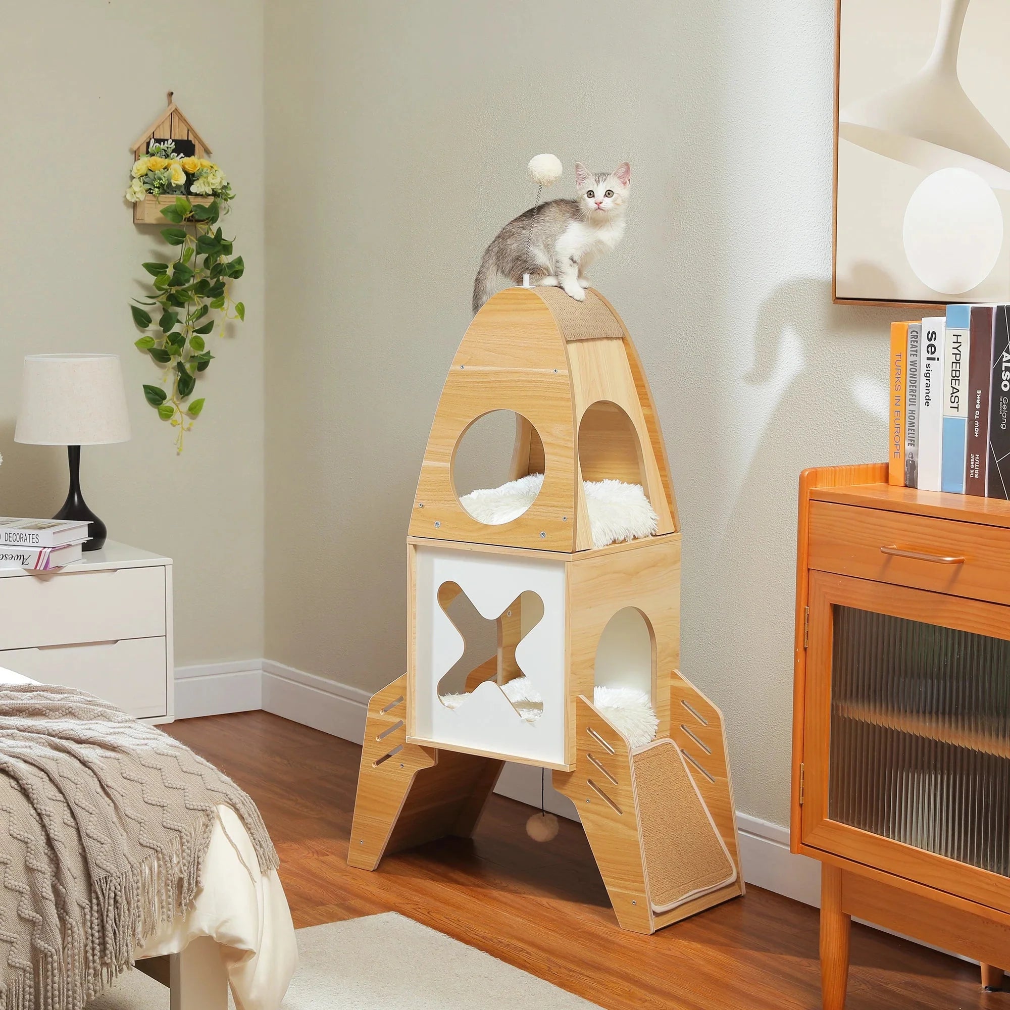Dailypets Lunar Module Cat Tower – 43-Inch Modern Rocket Cat Tree with Two Hideaway Condos