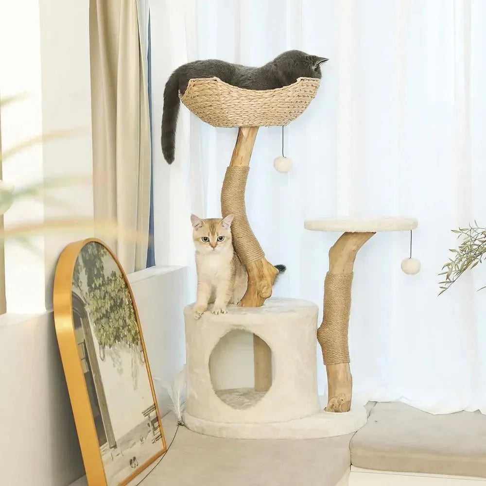 Dailypets Real Wood Cat Tower – Modern Cat Tree with Handwoven Basket & Sisal Posts