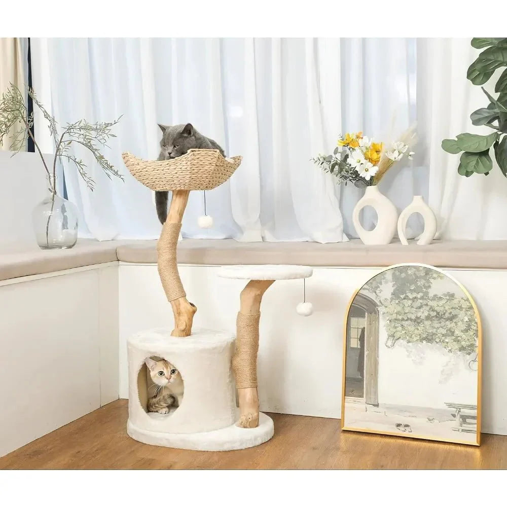 Dailypets Real Wood Cat Tower – Modern Cat Tree with Handwoven Basket & Sisal Posts