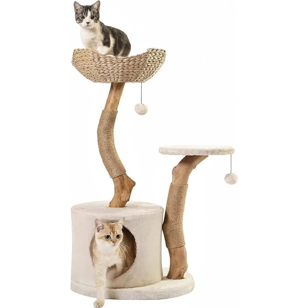 Dailypets Real Wood Cat Tower – Modern Cat Tree with Handwoven Basket & Sisal Posts