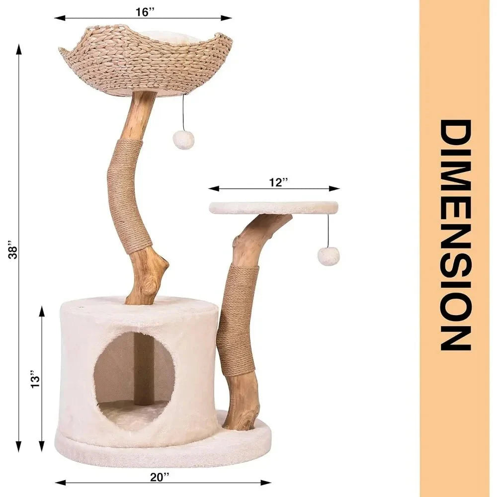 Dailypets Real Wood Cat Tower – Modern Cat Tree with Handwoven Basket & Sisal Posts
