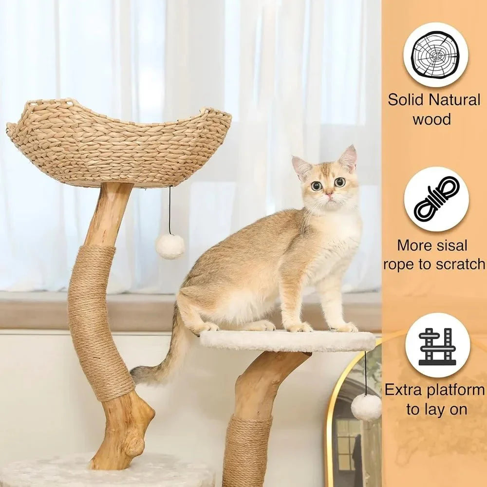 Dailypets Real Wood Cat Tower – Modern Cat Tree with Handwoven Basket & Sisal Posts