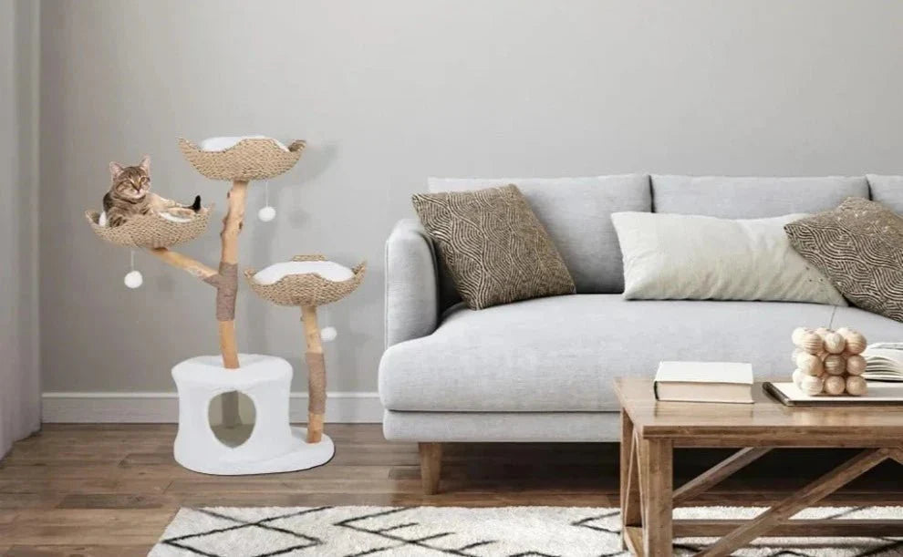Dailypets Luxury Bohemian Cat Tree – Natural Wood Cat Furniture with Woven Basket Beds