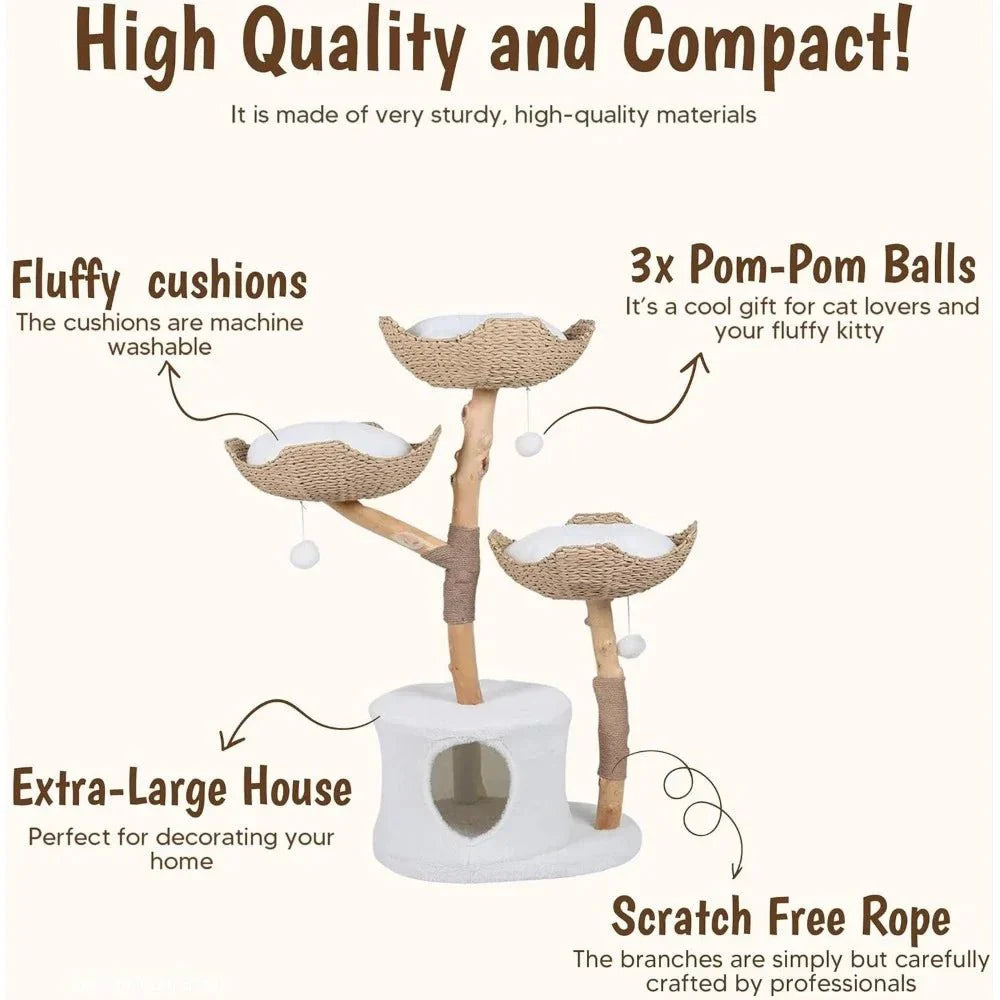 Dailypets Luxury Bohemian Cat Tree – Natural Wood Cat Furniture with Woven Basket Beds