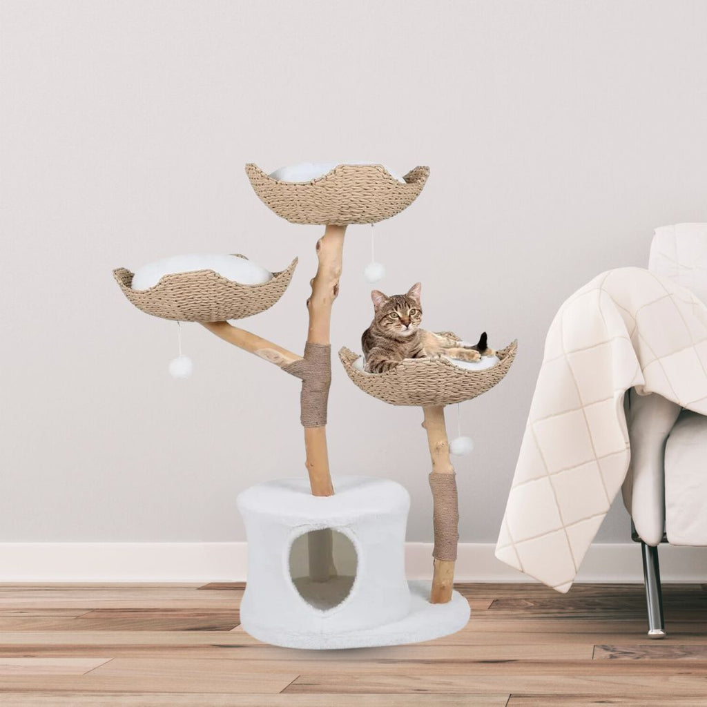 Dailypets Luxury Bohemian Cat Tree – Natural Wood Cat Furniture with Woven Basket Beds