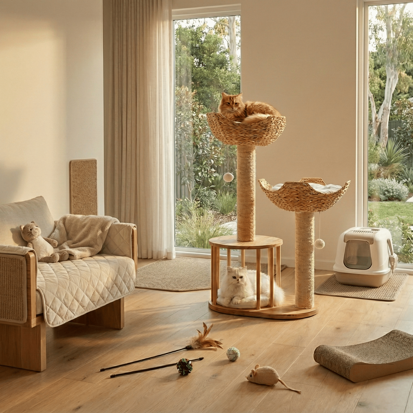 Dailypets Luxury Boho Cat Tree – Twin Woven Basket Cat Tower with Sisal Scratching Posts