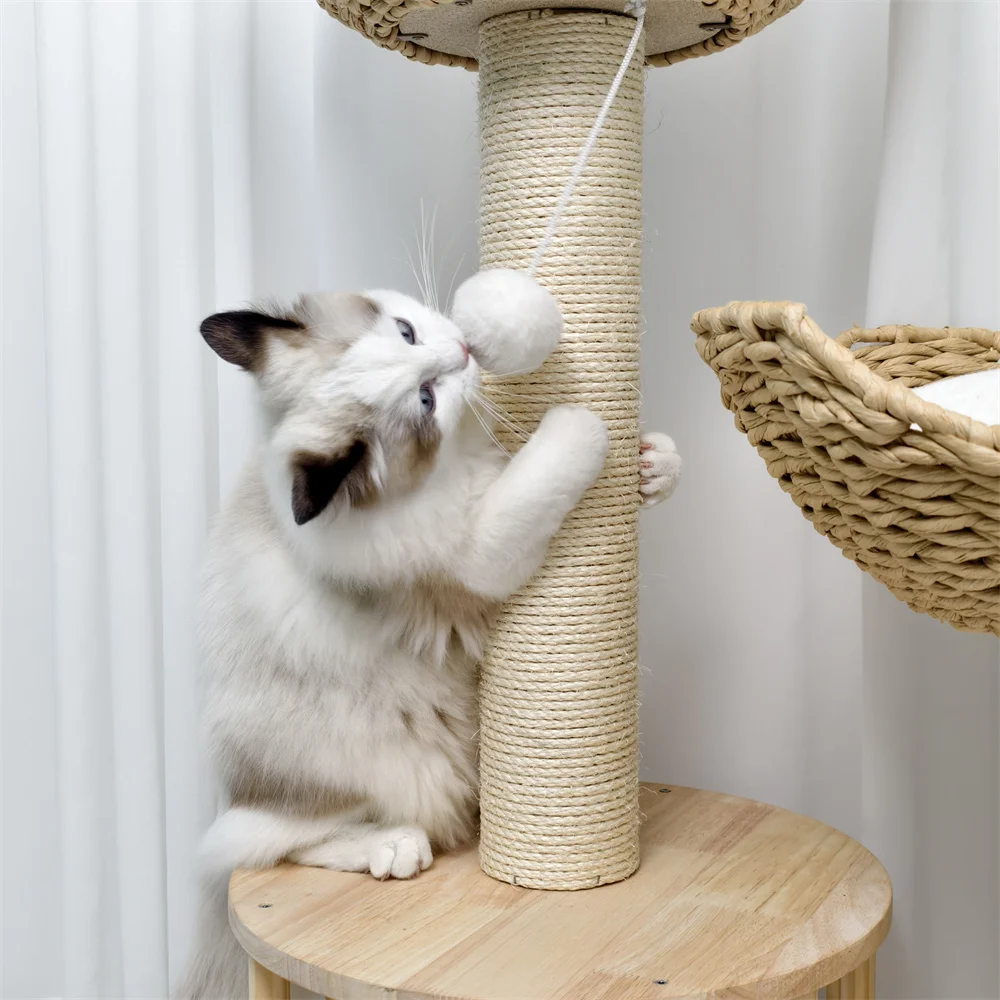 Dailypets Luxury Boho Cat Tree – Twin Woven Basket Cat Tower with Sisal Scratching Posts