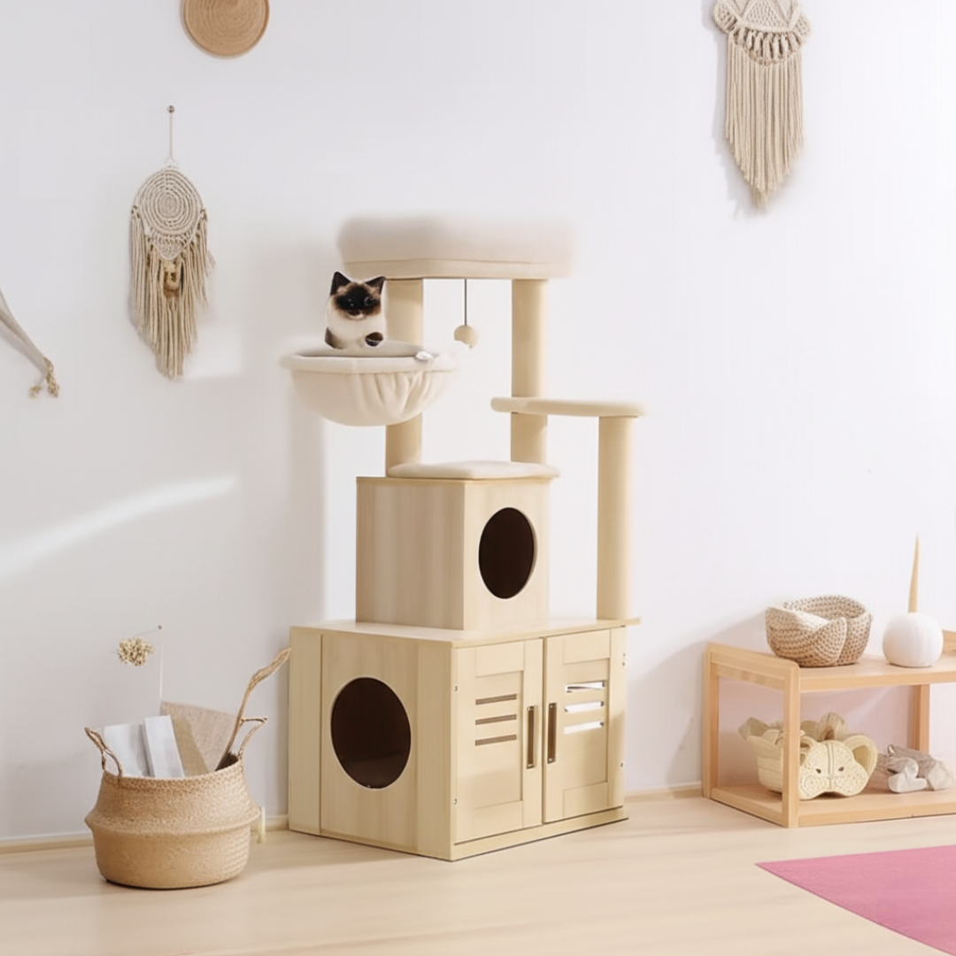 Dailypets Cat Tree with Litter Box Cabinet – Plush Perch, Sisal Posts & Hideaway Condo