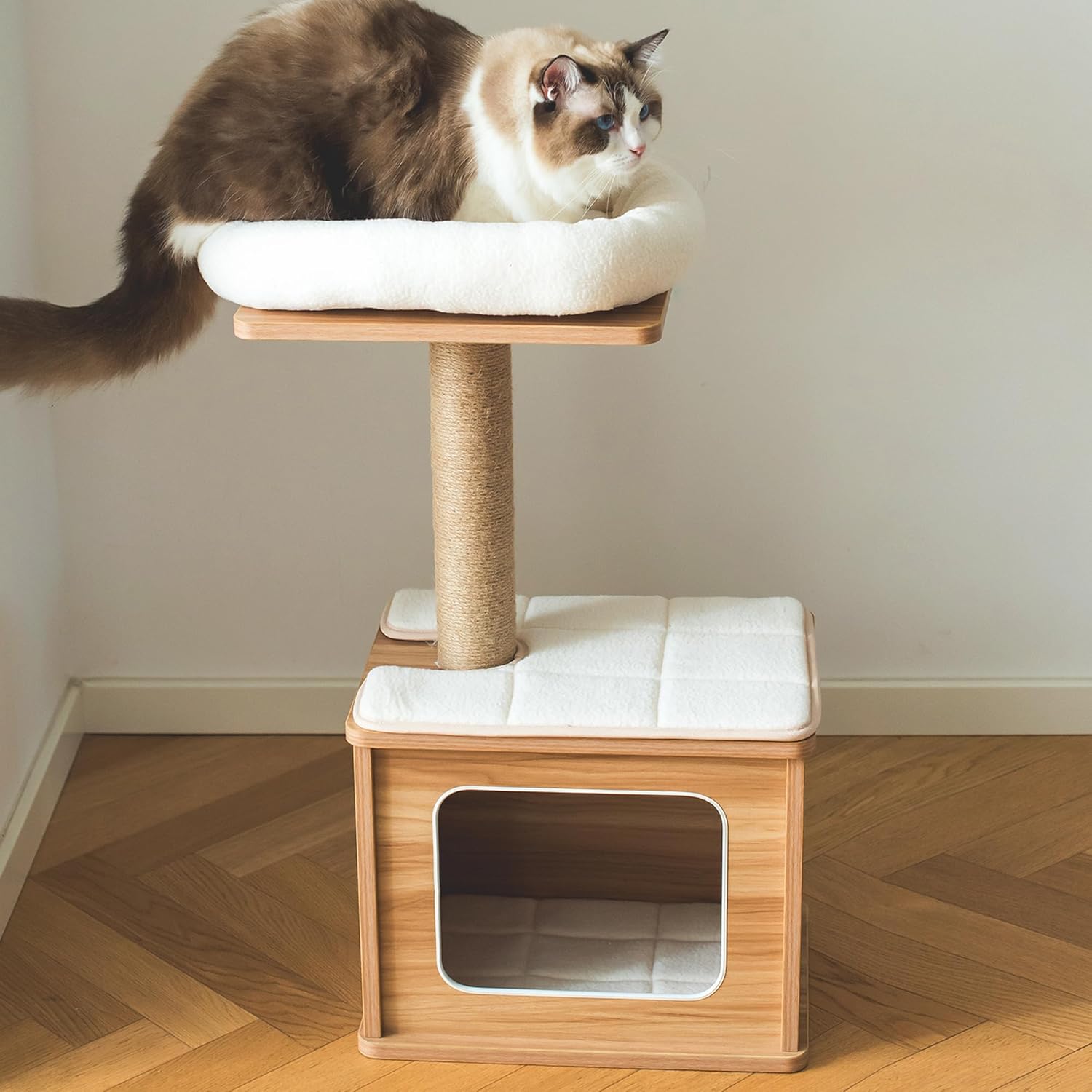 Dailypets Compact Cat Tower with Condo – Beige Cat Tree with Perches & Jute Scratching Post