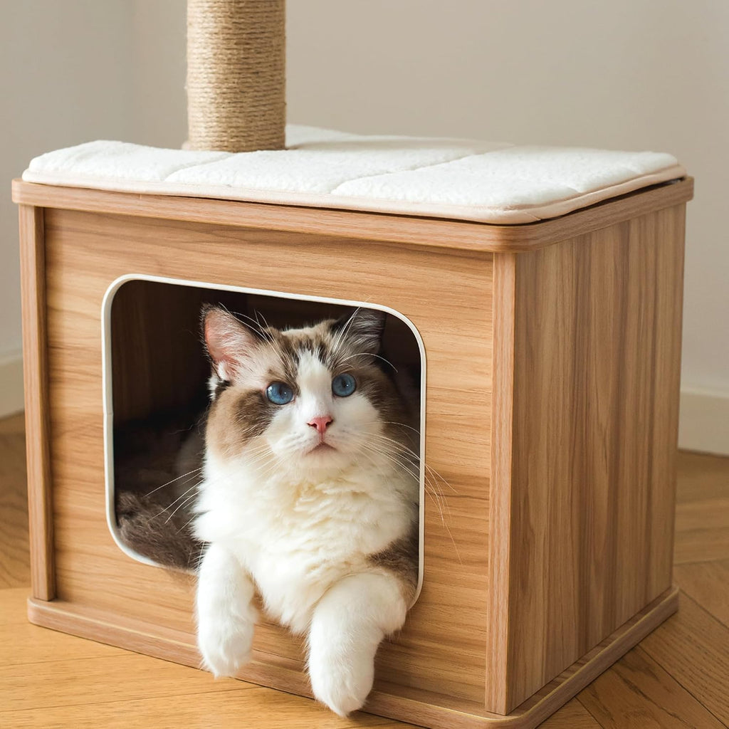 Dailypets Compact Cat Tower with Condo – Beige Cat Tree with Perches & Jute Scratching Post