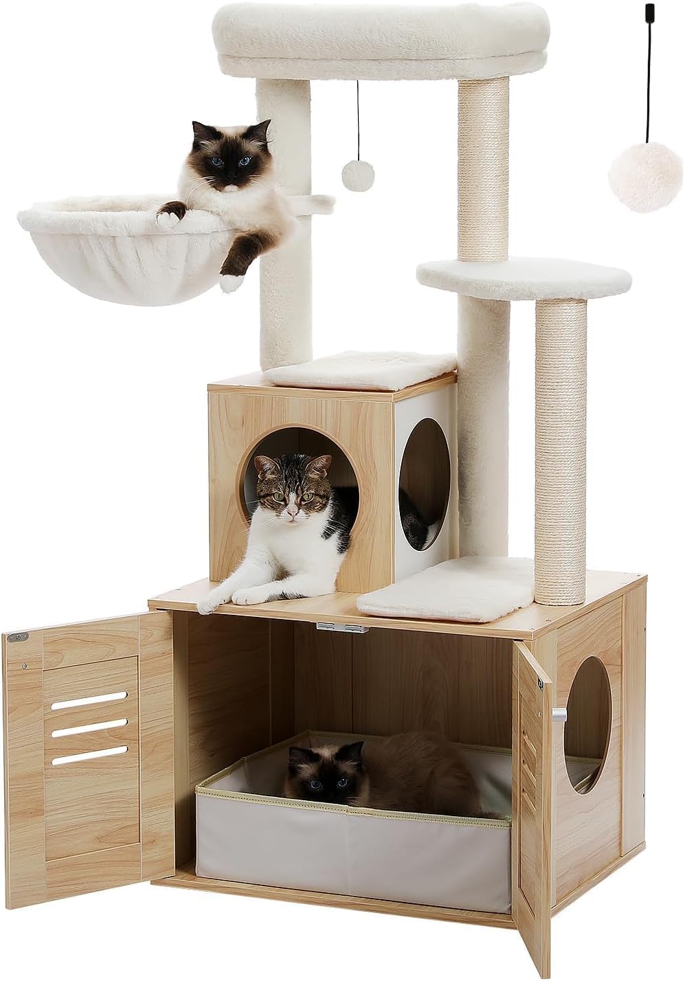 Dailypets Cat Tree with Litter Box Cabinet – Plush Perch, Sisal Posts & Hideaway Condo