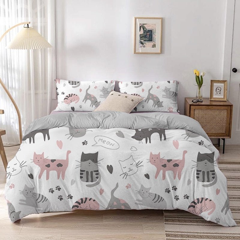 Dailypets Aesthetic Cat Bedding Set – Minimal Grey Pink Bedroom Duvet Cover Set